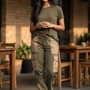 Olive Green Two-Tone Cargo Pants for Women and Olive green Tshirt.